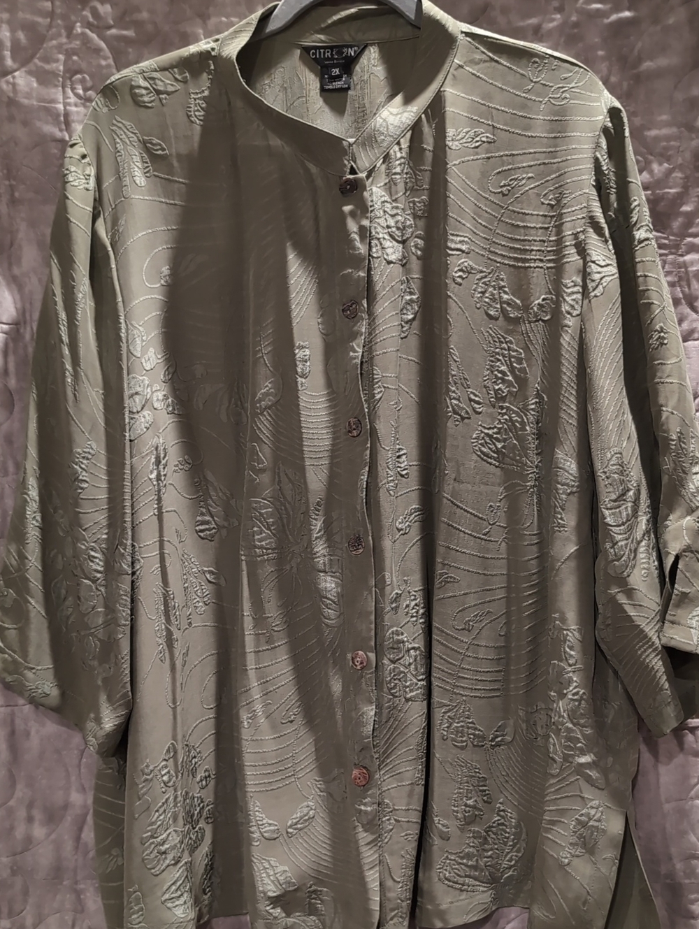 Citron Sage Green Embossed Mandarin-Collar Shirt Jacket